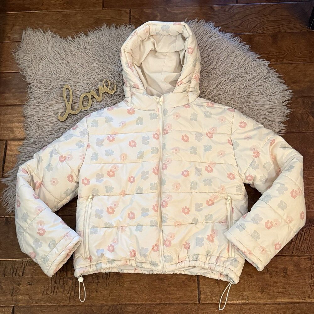 Storia Puffer Hooded Jacket Womens Size Medium Floral Coat Cream Pink Blue